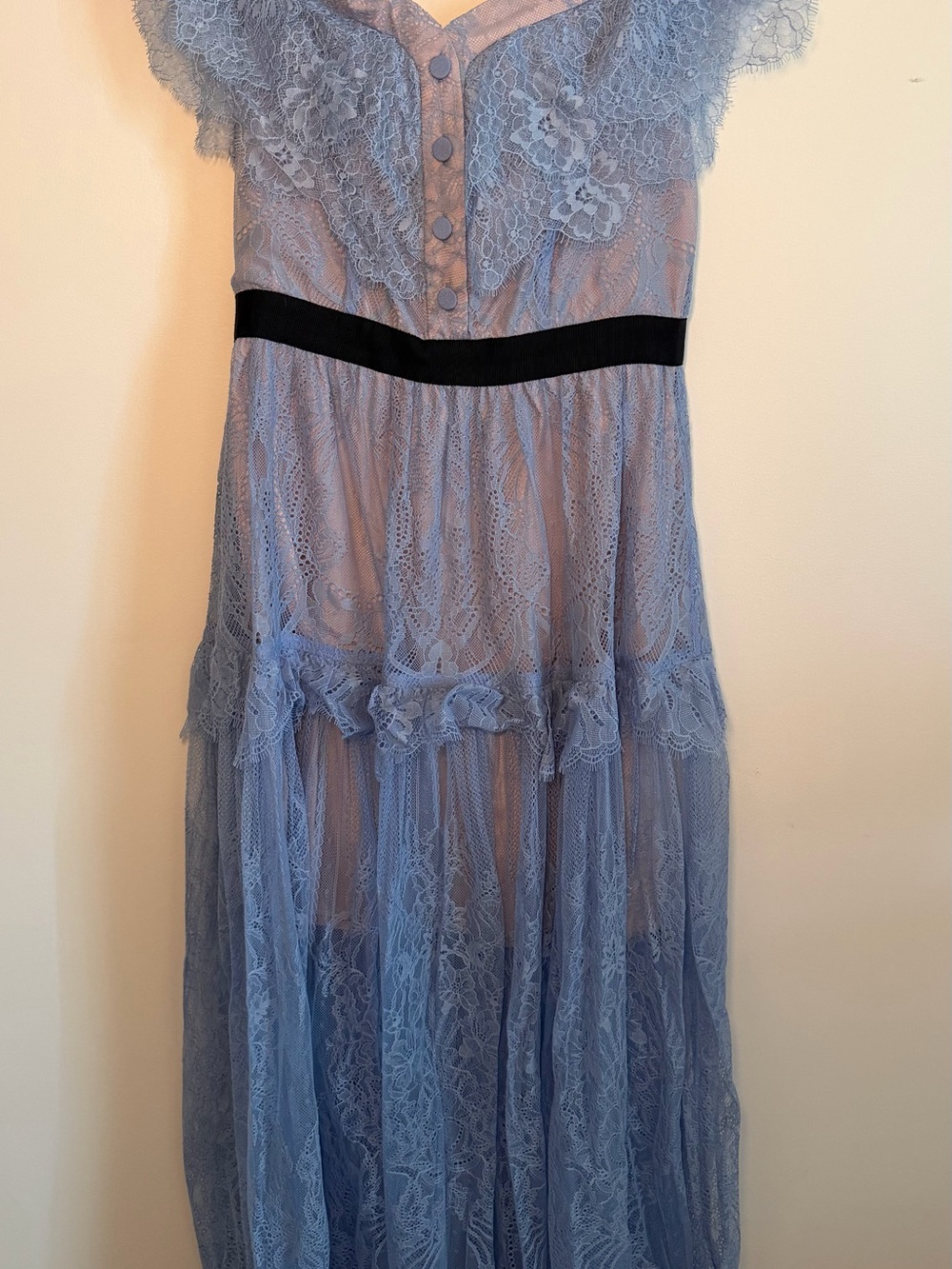 Self-Portrait Dusty Blue Lace Maxi Chemise with Black Waist